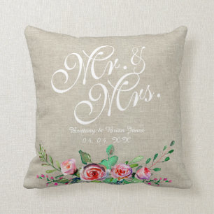Beige Linen Rustic Floral Mr. Wedding Kissen