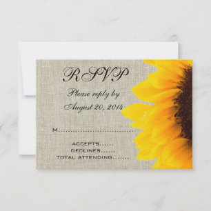 Beige Linen Sunflower Rustic Wedding RSVP Karte