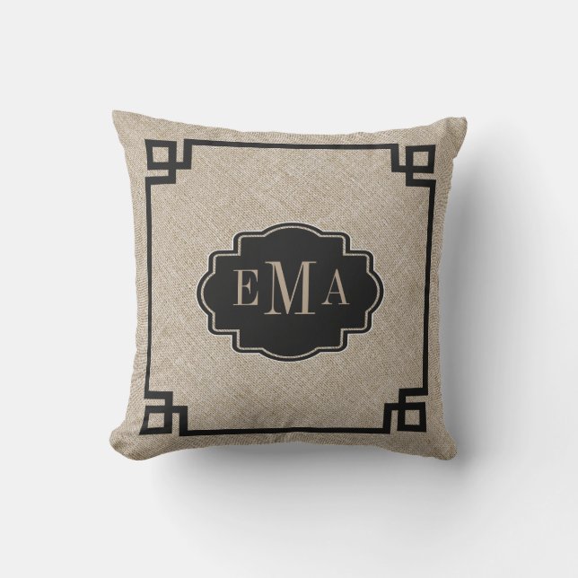 Beige Linen Textur Schwarzer geometrischer Rahmen Kissen Für Draußen (Vorderseite)