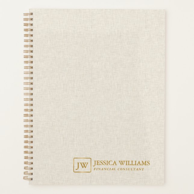 Beige Linen Texture Personalisiert Gold Typografie Planer (Vorderseite)