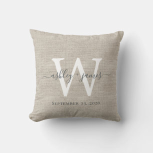 Beige Linen White Monogram Wedding Keepake Kissen