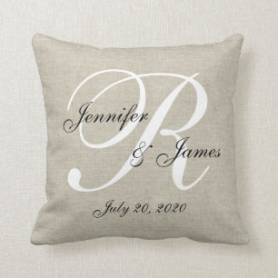Beige Linen White Monogram Wedding Keepake Pillow Kissen
