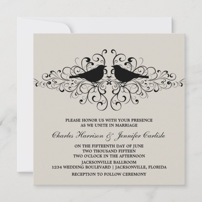 Beige Love Bird Wirbel Hochzeit Einladung (Vorderseite)