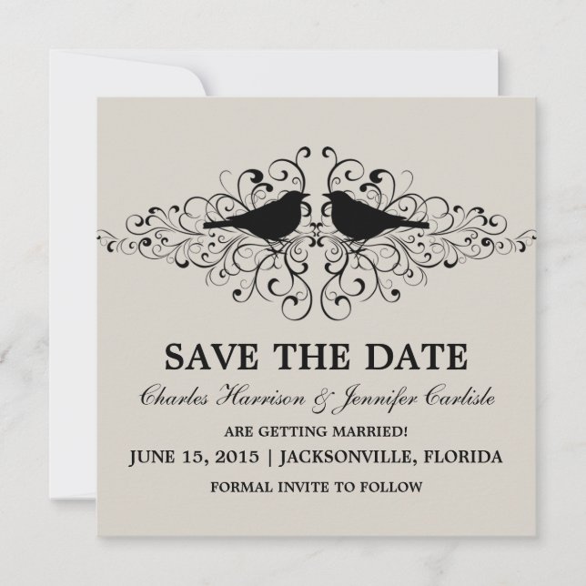 Beige Love Bird Wirbel Save the Date einladen Einladung (Vorderseite)