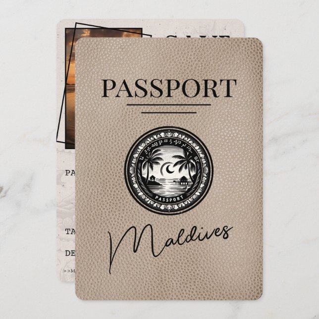 Beige Maldives Passport Save the Date (Vorne/Hinten)