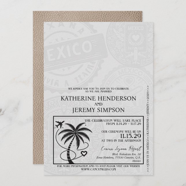 Beige Mexico Passport Wedding Einladung (Vorne/Hinten)