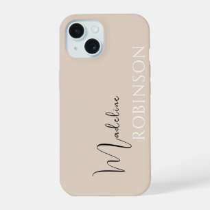 Beige Minimal Moderne Initialen Name Schrift iPhone 15 Hülle