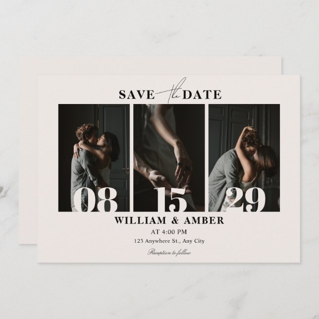 Beige minimalistische Foto-Collage Save The Date (Vorne/Hinten)