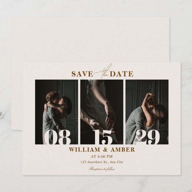 Beige minimalistische Foto-Collage Save The Date (Vorne/Hinten)