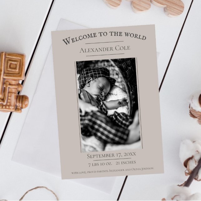 Beige Minimalistische Foto Geburtserklärung Ankündigung (Beige Minimalist Photo Birth Announcement)