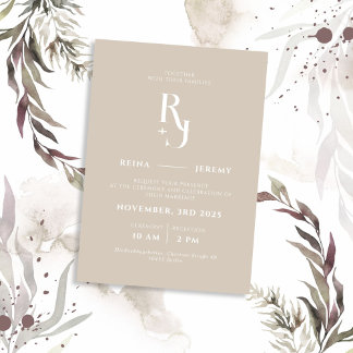 Beige Minimalistische Hochzeit Einladung