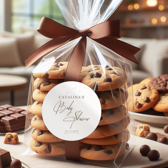 Beige Minimalistische Kalligrafie Babydusche Aufkl Runder Aufkleber (Von Creator hochgeladen)