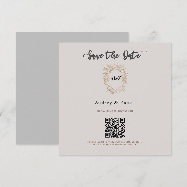 Beige Minimalistische QR SCAN-KARTE Save The Date (Vorne/Hinten)
