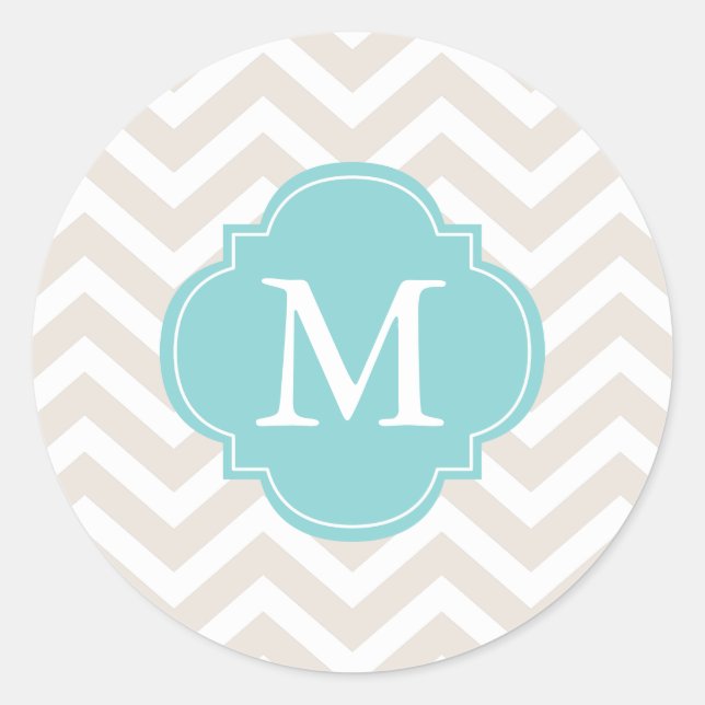 Beige & Mint Zigzags Muster Monogram Runder Aufkleber (Vorderseite)