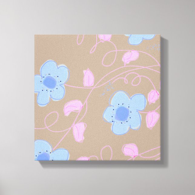 Beige mit rosa und blauer Flora Leinwanddruck (Vorderseite)