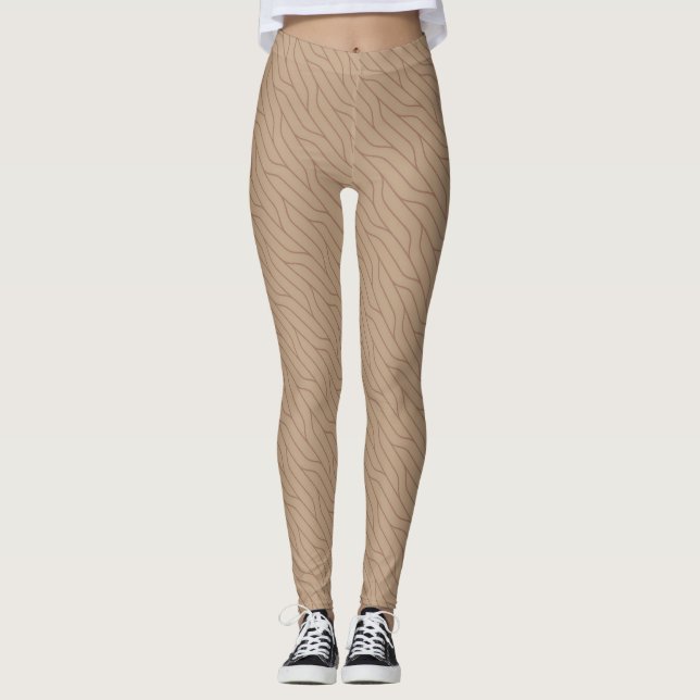 Beige Mocha Mousse Brown Wavy Line Muster Buffet Leggings (Vorderseite)