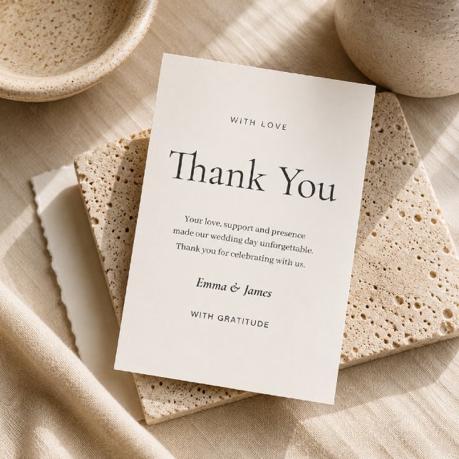 Beige moderne minimale Hochzeits-Dankeskarten-Vorl Dankeskarte (Elegant invitation at the heart of a timeless minimalist wedding suite.)