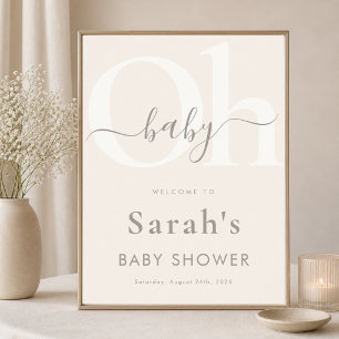 Beige Moderne Minimale Oh Baby Shower Willkommenss Poster