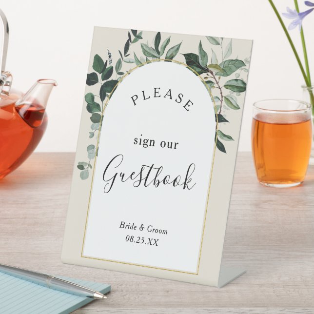 Beige Modernes Bogen Aquarell Gästebuch Sockelschild (In Situ)