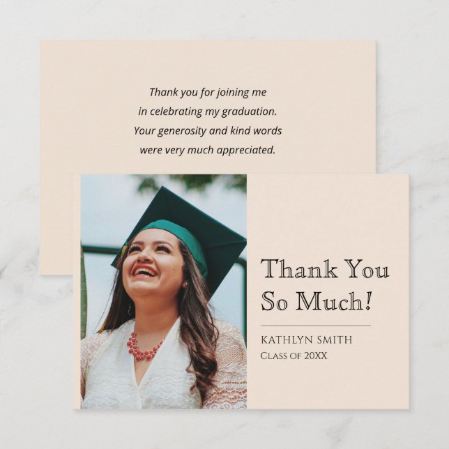 Beige Modernes Script Foto Abschluss Dankeskarte (Vorne/Hinten)