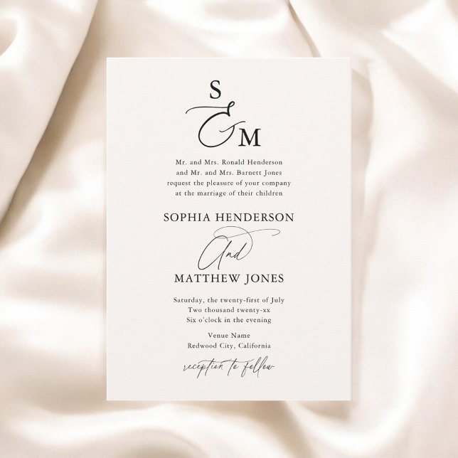 Beige Monogram Calligrafy Formal Wedding Einladung (Von Creator hochgeladen)
