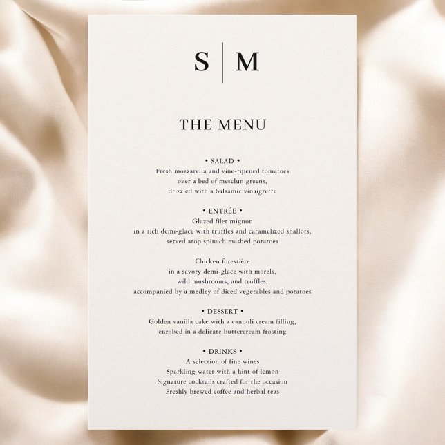 Beige Monogram Elegant Minimalistisch Wedding Menu (Von Creator hochgeladen)