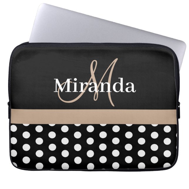 Beige Monogram Schwarz-weiß Polka Dot Laptopschutzhülle (Vorderseite)