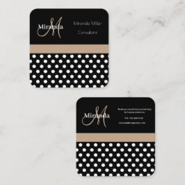 Beige Monogram Schwarz-weiß Polka Dot Quadratische Visitenkarte
