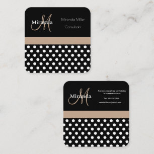 Beige Monogram Schwarz-weiß Polka Dot Quadratische Visitenkarte