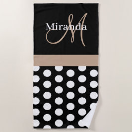 Beige Monogram Schwarz-weiß Polka Dot Strandtuch