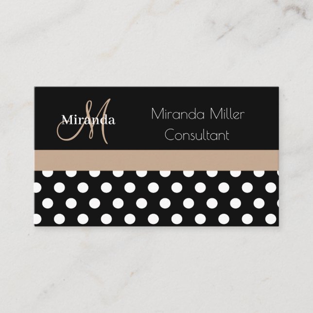Beige Monogram Schwarz-weiß Polka Dot Visitenkarte (Vorderseite)