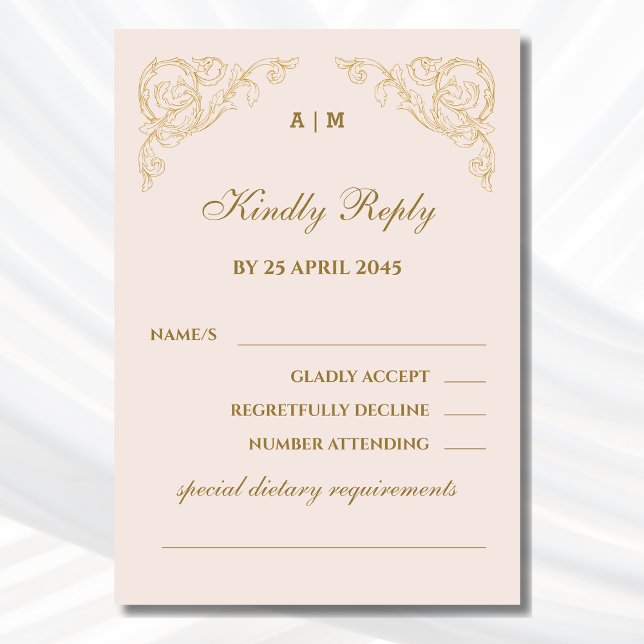 Beige Monogram Vintag Baroque Wedding RSVP Card (Von Creator hochgeladen)