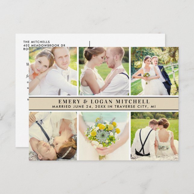 Beige Monogram Wedding Foto Collage Danke Postkarte (Vorne/Hinten)