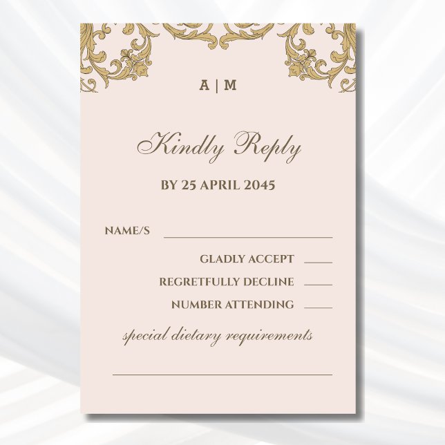 Beige Monogramm Verzierte Viktorianische Hochzeits RSVP Karte (Von Creator hochgeladen)
