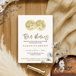 Beige Moon Twins Baby Dusche Einladung