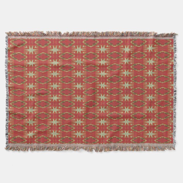 Beige Mustard Green Brown Red Orange Tribal Art Decke (Vorderseite)