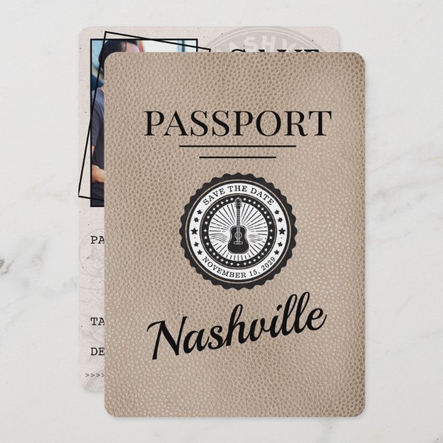 Beige Nashville Passport Save the Date (Vorne/Hinten)