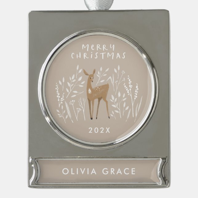 Beige natürliche Rentiere botanische delikate eleg Banner-Ornament Silber (Vorderseite)