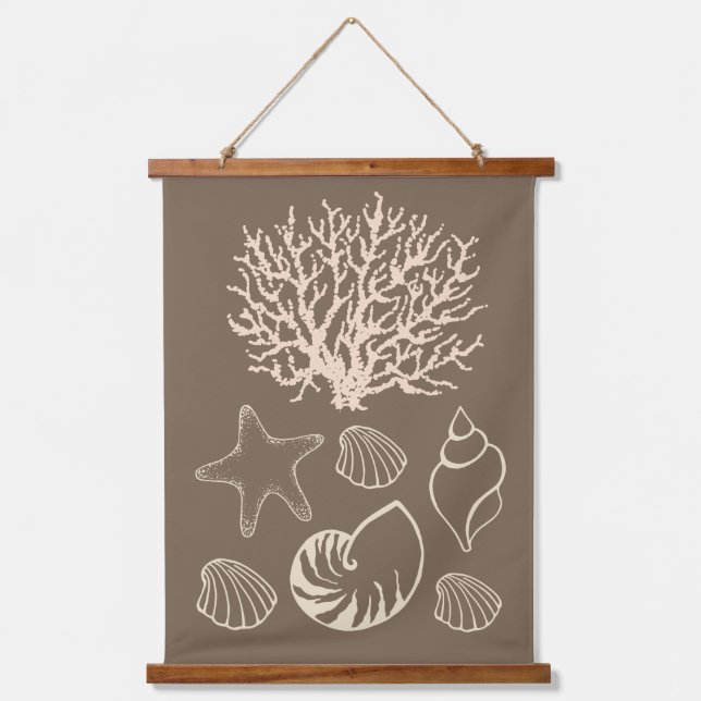 Beige Nautical Seashell Wall Tapestry  Wandteppich Mit Holzrahmen (Vorderseite)