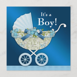 Beige Navy Blue Baby Carriage Boy Dusche Einladung
