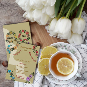 Beige Neujahrsessen Party mit Blumenkranz Einladung