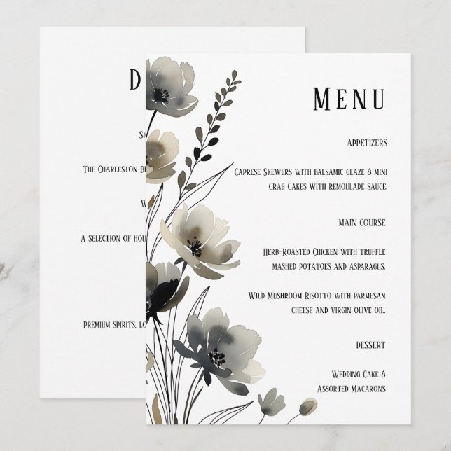 Beige Neutral Floral Wedding Menükarte (Vorne/Hinten)