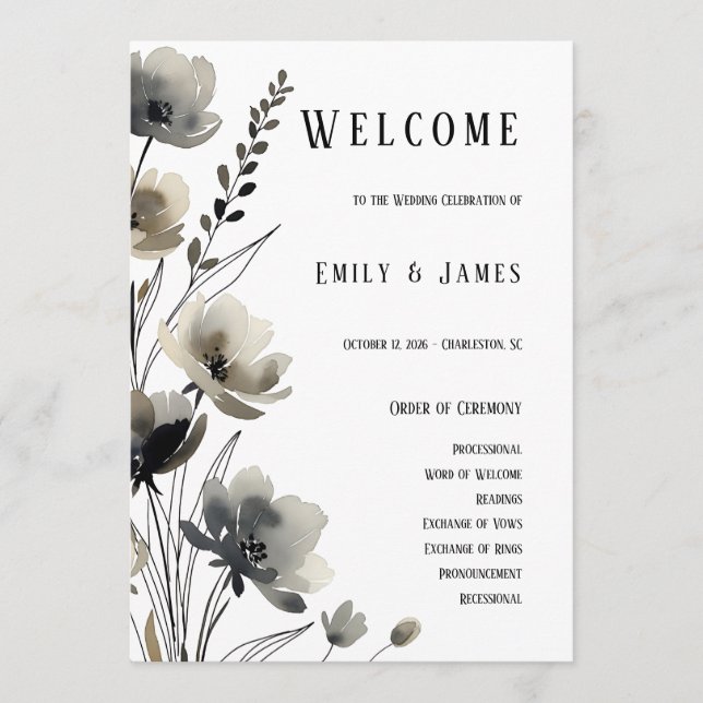 Beige Neutral Floral Wedding Programm (Vorderseite)