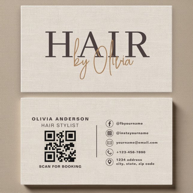 Beige Neutral Linen QR Code Hair Stylist  Visitenkarte (Von Creator hochgeladen)