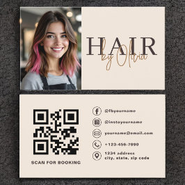 Beige Neutral Photo QR Code Hair Stylist  Visitenkarte
