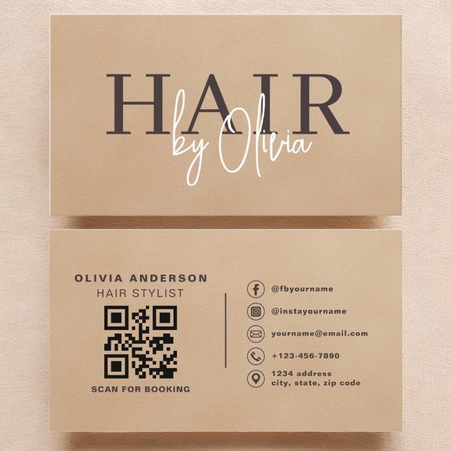 Beige Neutral Suede QR Code Hair Stylist  Visitenkarte (Von Creator hochgeladen)