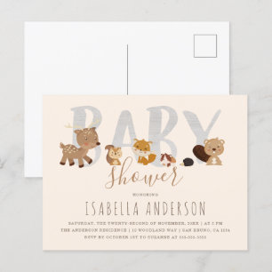 Beige   Neutrale Babydusche für Niedliche Waldtier Einladungspostkarte