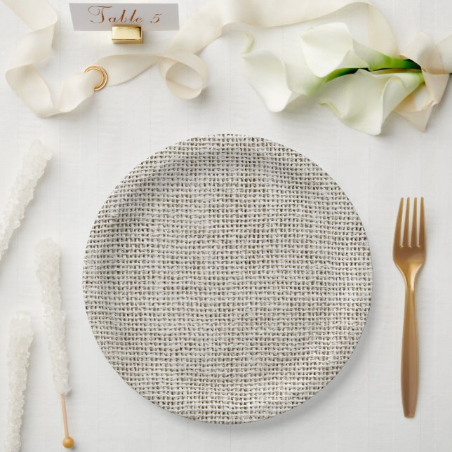 Beige Neutraler Faux-Linene Stoff Elegant  Pappteller (Hochzeit)