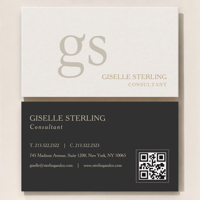 Beige neutrales Monogramm QR-Code Professional Visitenkarte (Von Creator hochgeladen)