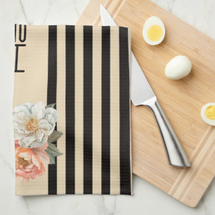 Beige Oberseite mit braunen Streifen Floral Geschirrtuch